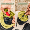 Die Neopren Tasche dient als Polster im Rucksack, sodass kein Kamerarucksack notwendig ist. Außerdem kann der Akku in einem kleinen Fach aus Fleece aufbewahrt werden.