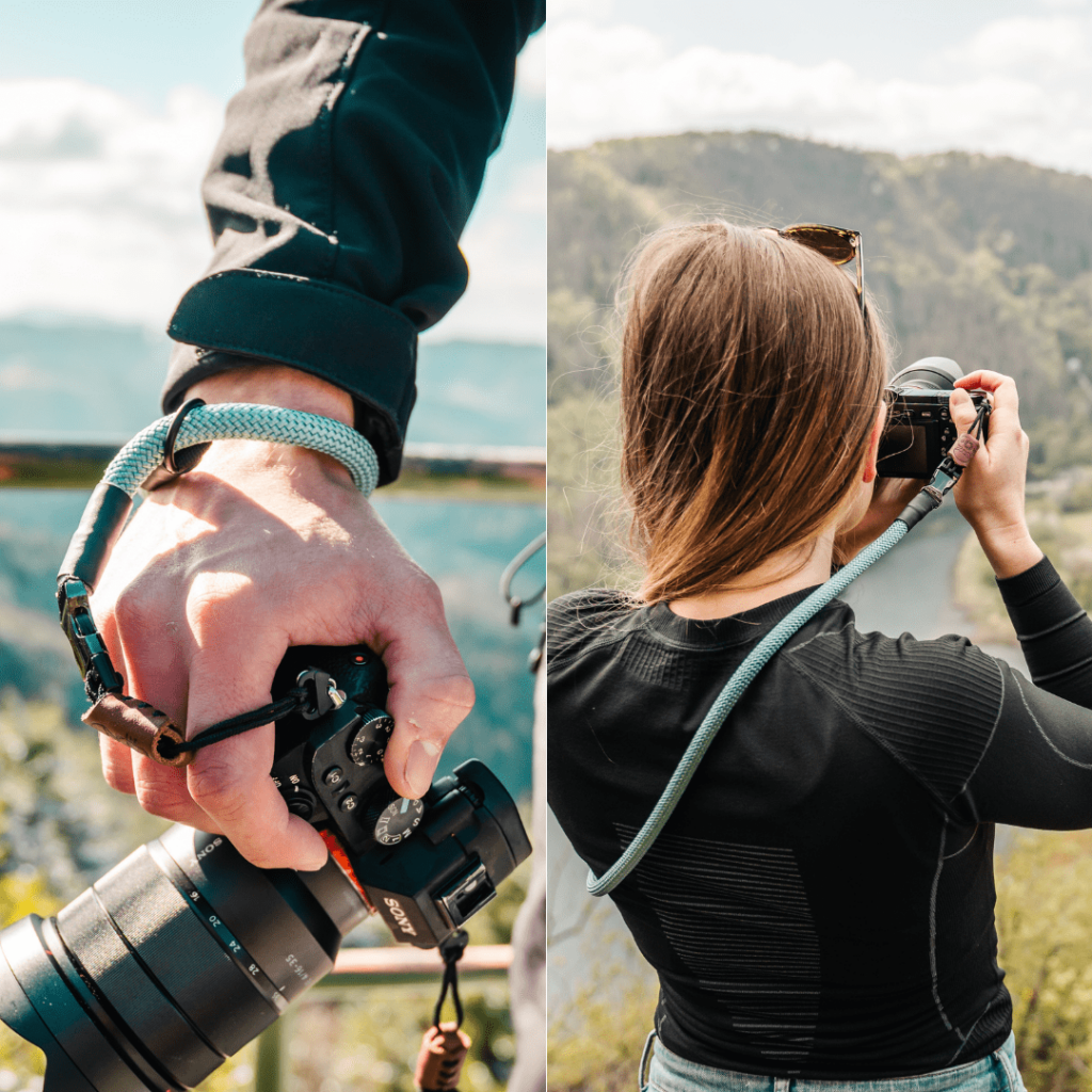 Zu sehen ist der Climber Kameragurt sowie die Loop Handschlaufe in der Farbe Mighty Mint im Lifestyle Format.