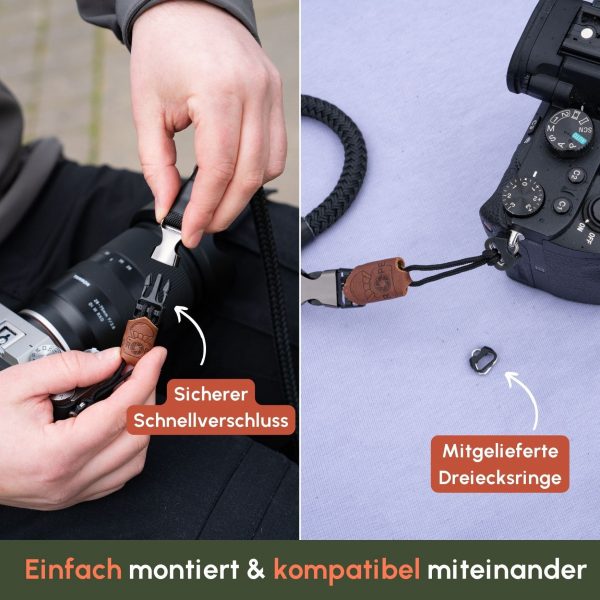 Der Kameragurt für schwere Objektive besitzt den selben Schnellverschluss wie die Handschlaufe Loop aus Kletterseil | C-Rope Kamerazubehör